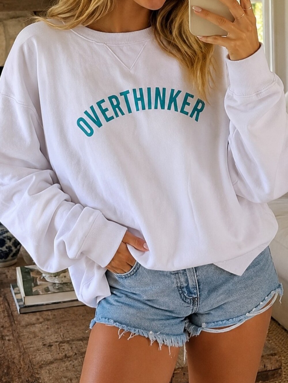 Wildfox OVERTHINKER Lightweight Long Sleeve Crew Neck Graphic Pullover